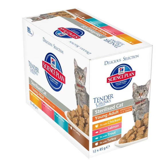 Hill's Feline Young Adult Sterilised Cat Multipack - Pouch 12x85g - 3x Chicken,3x Salmon,3x Trout,3x Turkey